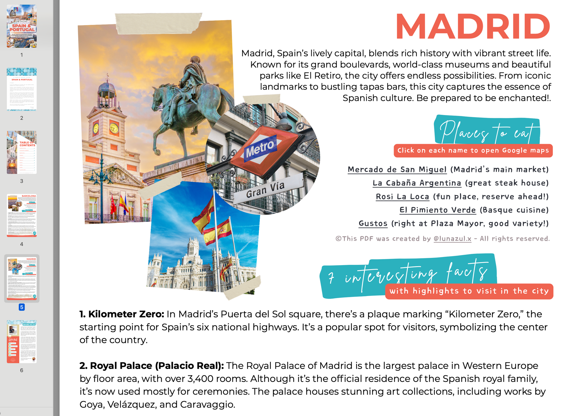 A Spanish-language travel brochure or informational poster about Madrid, showing a city map, a street scene with a blue-and-white striped flag, a metro sign, and text blocks with facts about the city. This is not a clean product shot, not a person-centered lifestyle image, and not a measurement chart, color swatch, or instruction diagram.