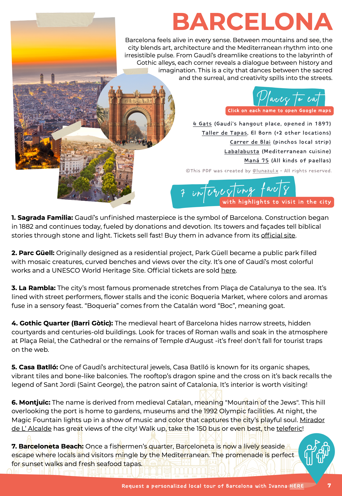 Travel guide or brochure for Barcelona with scenic images and text.